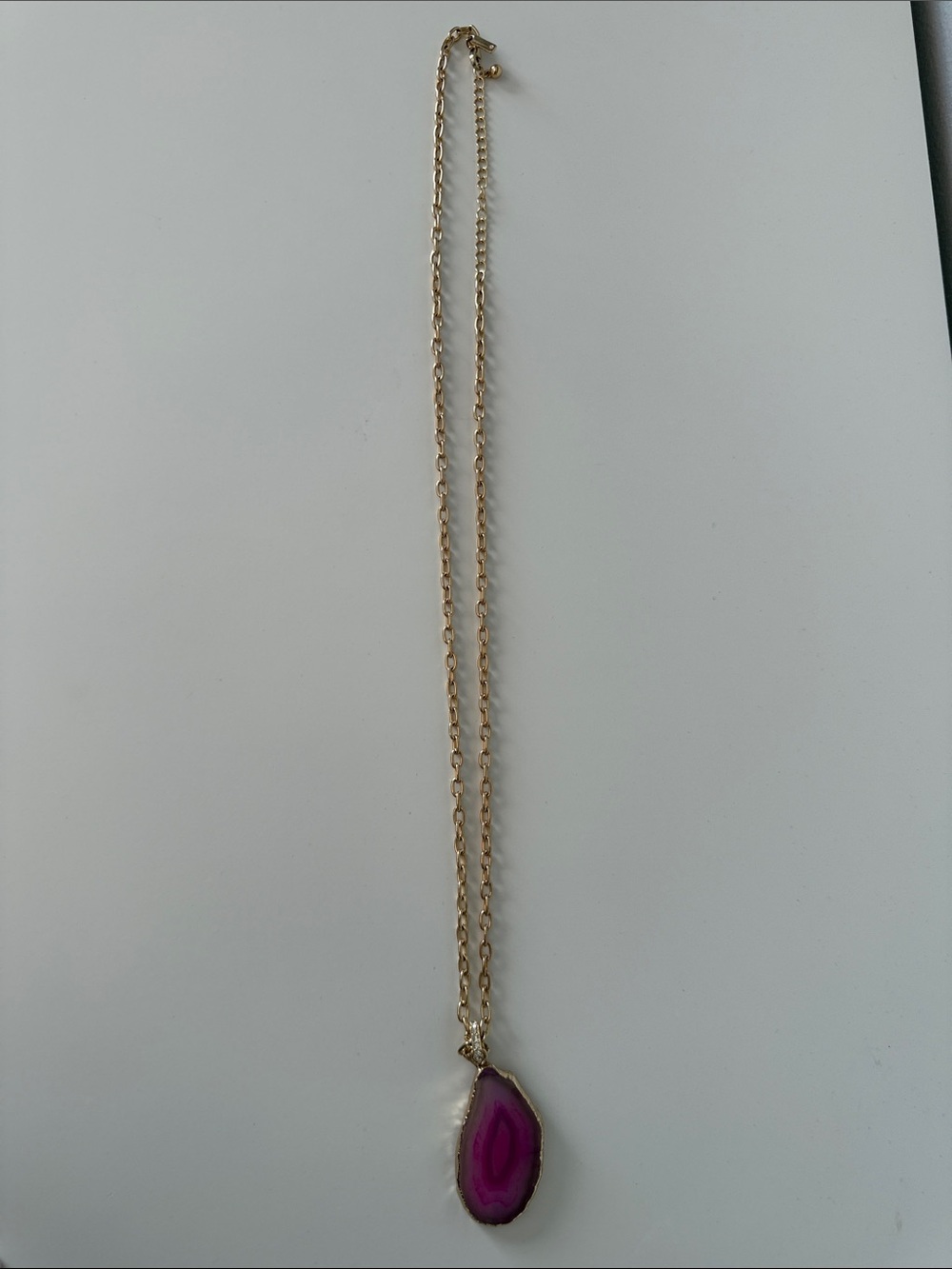 White House Black Market Gold Chain Necklace with Pink Geode Pendant